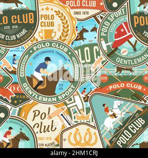 Polo sport club patches seamless pattern. Vector. Color equestrian background with rider and horse silhouettes. For polo, horseriding pattern Stock Vector