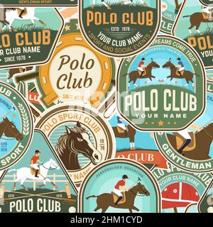 Polo sport club patches seamless pattern. Vector. Color equestrian background with rider and horse silhouettes. For polo, horseriding pattern Stock Vector