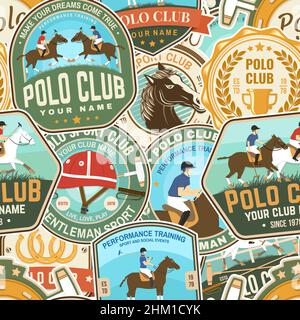 Polo sport club patches seamless pattern. Vector. Color equestrian background with rider and horse silhouettes. For polo, horseriding pattern Stock Vector