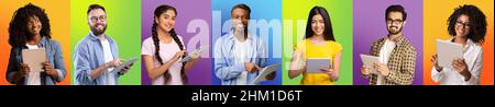 Happy young people of different nationalities using digital tablets over colorful backgrounds Stock Photo