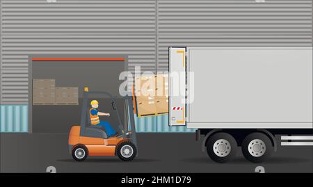 A forklift loads pallets with cardboard boxes into a truck. Storage ...