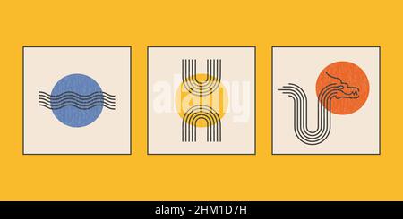 Abstract contemporary aesthetic posters set with circle sun, rainbow shapes and dragon muzzle. Boho minimalism wall decor. Figuration allegory of drag Stock Vector