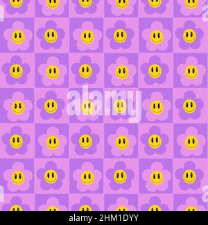 70’s cute seamless smiling daisy pattern with flowers. Floral checkered ...