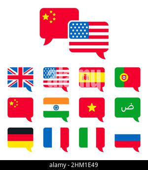 Popular languages speech bubble icons. Country flags set in flat vector style. Translation, communication and international dialogue. Stock Vector