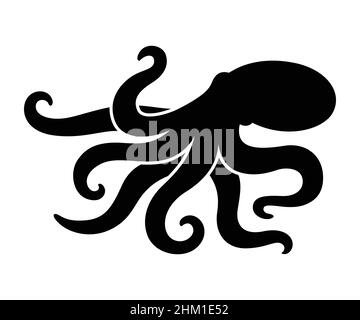 Octopus black silhouette drawing. Simple design for print or logo. Isolated vector illustration. Stock Vector