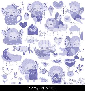 Big set for Valentine's day, happy cupid's, flowers. Cute Cupid's lies on a cloud, shoots a bow, holding a postcard. Enamored Cupid's. Violet, lilac colors. Trend colors years. Vector illustration. Stock Vector