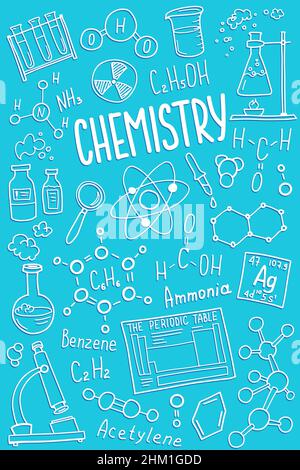 Chemistry symbols icon set. Science subject doodle design. Education and study concept. Back to school sketchy background for notebook, not pad Stock Vector