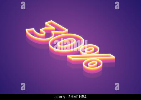 3d render 30% Percent discount, the best digital symbol illustration for meta tech concept, pink gradient neon light glowing on Purple Background Stock Photo