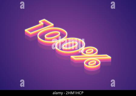 3d render 100% Percent discount, the best digital symbol illustration for meta tech concept, pink gradient neon light glowing on Purple Background Stock Photo