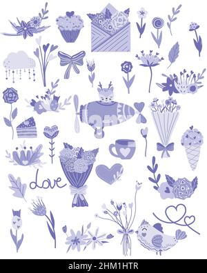 Big set for Valentine's day, flowers, cupcake, envelope of flowers, cup, bird, hearts, leaves. Isolated on white background. Violet, lilac trends colors. Vector illustration Stock Vector