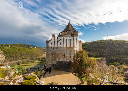 Castelnaud-la-Chapelle, France - November 1, 2021: the medieval fortress of Castelnaud in Perigord, France, taken on a partly sunny autumn afternoon w Stock Photo