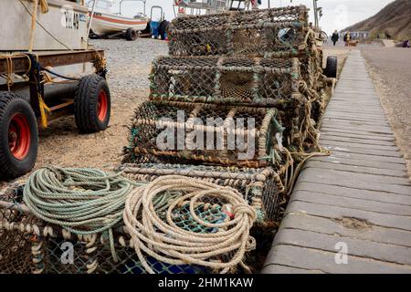 Cromer, Norfolk, UK – February 2022. Crab fishing boats, fishing