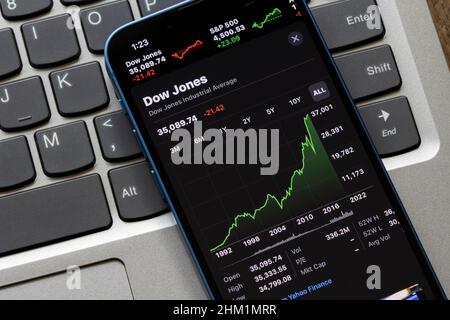 Dow Jones Industrial Average all-time index is seen on an iPhone after it closes at 35,089.74 points on Friday, February 4, 2022. The Dow reached... Stock Photo