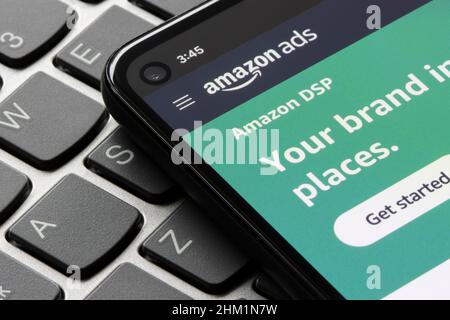 Webpage of Amazon Ads is seen on the screen of a smartphone. Stock Photo