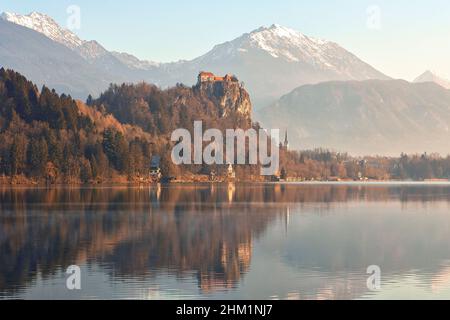Beautiful view to Lake Bled and Bled castle at dawn Stock Photo