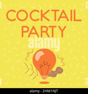 Text sign showing Cocktail Party. Word for formal party with alcoholic drinks usually in early evening Illuminated Light Bulb Drawing Plants Shell Stock Photo