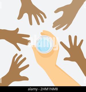 World water day save water save life for Africa children. Hand holding glass with water. vector instillation background. Stock Vector