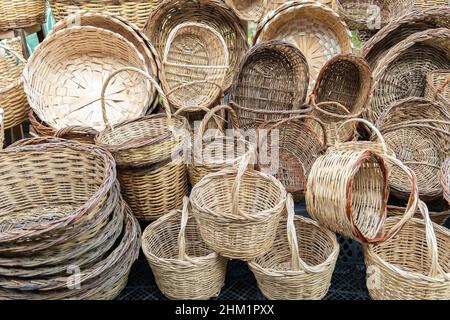 Wicker baskets. Handmade wicker baskets in the market. Stock Photo
