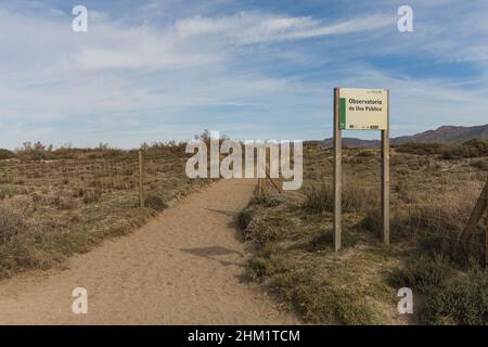Sign to Bird hide at the Salt flats at Cabo de gata, Natural reserve, Almeria, Andalucia, Spain. Stock Photo