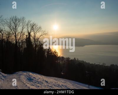 Beautiful late afternoon atmosphere during sunset high above lake Zug, Switzerland Stock Photo