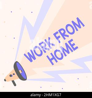 Sign displaying Work From Home. Internet Concept Work From Home Illustration Of Hand Holding Megaphone With Sun Ray Making Announcement. Stock Photo