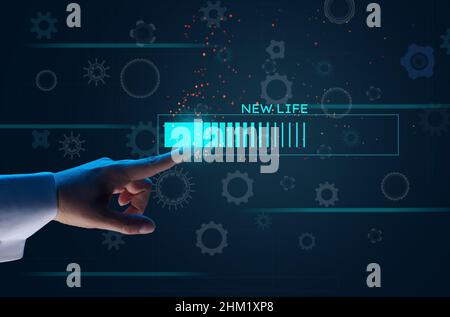 new life loading virtual scheme and female hand on dark blue background. Start in business, beginnings Stock Photo