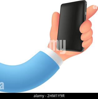 Elastic cartoon hand with a smartphone, 3D render. Funny character hand holding a mobile phone with an empty space on the device screen. Realistic vec Stock Vector