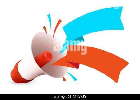 3D render of a hand speaker with flying ribbons. Vector illustration of megaphone or a loudspeaker with tags and an empty space for text on them. Real Stock Vector