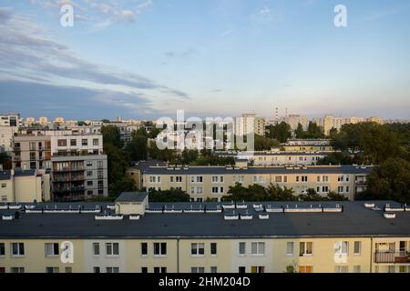 Mokotów residential district and Sadyba viewed from an apartment block on Dolna street facing south east, Warsaw, Poland, August 2021