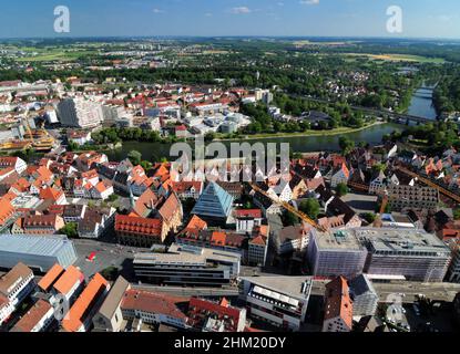 Spectacular View From The Famous Cathedral Ulmer Muenster To The River Donau In Ulm Germany On A Beautiful Sunny Summer Day With A Clear Blue Sky And Stock Photo