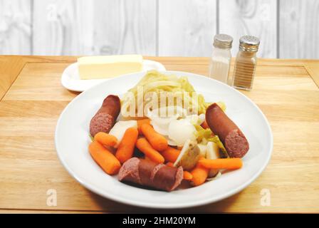 Delicious Boiled Dinner with Kielbasa Stock Photo