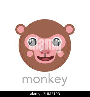 Monkey Cute portrait with name text smile head cartoon round shape animal face, isolated vector icon illustrations on white background. Flat simple hand drawn for kids poster, cards, t-shirts, baby Stock Vector