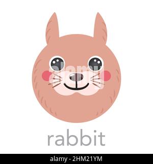 Rabbit bunny Cute portrait with name text smile head cartoon round shape avatar animal face, isolated vector icon illustrations. Flat simple hand drawn for kids poster, cards, t-shirts, baby clothes Stock Vector