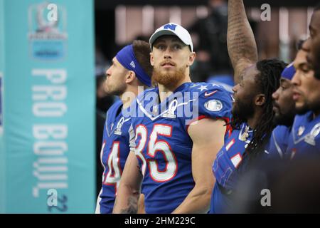 February 5, 2022: San Francisco 49ers tight end George Kittle (85) taking  videos of New Orleans Saints defensive end Cameron Jordan (94) during the  NFC Pro Bowl Practice at Las Vegas Ballpark