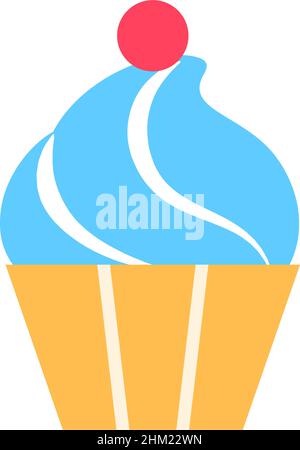 Muffin flat icon isolated on white background. Cupcake logo. Cream cherry snack in yellow cup. Homemade gourmet treat for holiday celebration birthday Stock Vector