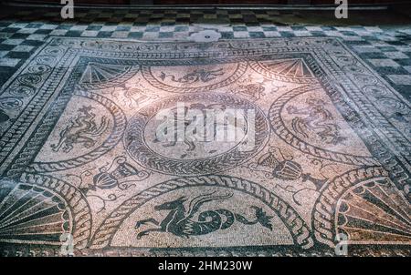 Fishbourne Palace near Chichester in West Sussex, the largest Roman residence north of Alpes, known for high quality, well preserved mosaics and a rectangular formal garden, now museum. Mosaic from the room N7 - Cupid/Dolphin. Archival scan from a slide. July 1975. Stock Photo