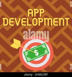 Handwriting text App Development. Internet Concept Development services for awesome mobile and web experiences Currency Pinned Through Target By Arrow Stock Photo