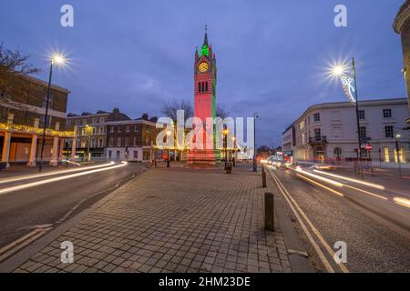 Gravesend Clock tower on Milton road at night  with Christmas lights Stock Photo