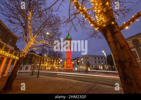 Gravesend Clock tower on Milton road at night  with Christmas lights Stock Photo