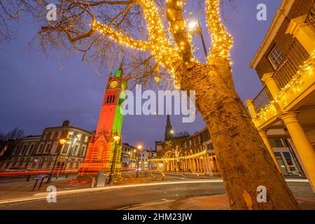 Gravesend Clock tower on Milton road at night  with Christmas lights Stock Photo