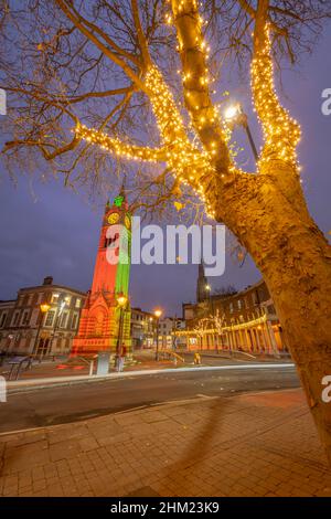 Gravesend Clock tower on Milton road at night  with Christmas lights Stock Photo