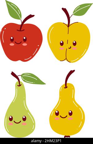 Apple and pear characters set with funny face. Happy cute cartoon collection of kids vector illustrations. Healthy vegetarian food childish character Stock Vector