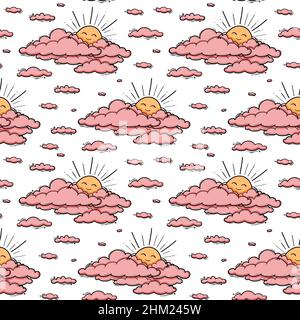 Cute cloud and sun seamless pattern vector background. Smiling sun kids illustration isolated on pink sky. Summer background. Funny design for kids and baby clothing. Stock Vector