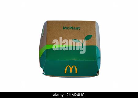 LEEDS, UK - 17 JANUARY 2022  McPlant Burger packaging. New McDonalds Vegan plant-based burger featuring a Beyond Meat burger Stock Photo