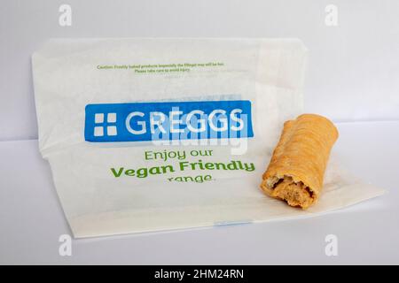 LEEDS, UK - 28 JANUARY 2022  GREGGS VEGAN SAUSAGE ROLL Stock Photo