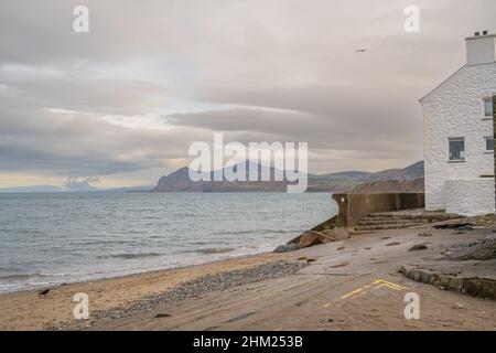 The beach at Morfa Nefyn looking towards Nant Gwrtheyrn on the Llyn Peninsula on a winters day Stock Photo