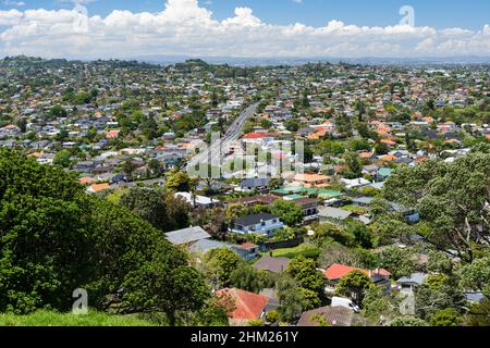 A view of houses in the Auckland suburb of Mt Roskill as viewed from Owairaka Domain Stock Photo