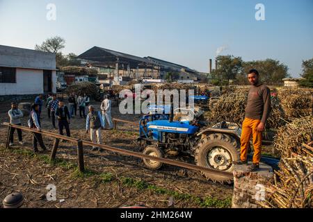 Baghpat, India. 06th Feb, 2022. Sugarcane farmers wait to sell harvested sugarcane outside at Baghpat cooperative sugar mills ltd, Baghpat. (Photo by Pradeep Gaur/SOPA Images/Sipa USA) Credit: Sipa USA/Alamy Live News Stock Photo