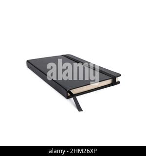 notebook with magnifying glass on white background Stock Photo