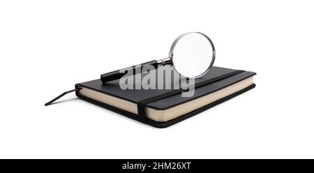 notebook with magnifying glass on white background Stock Photo